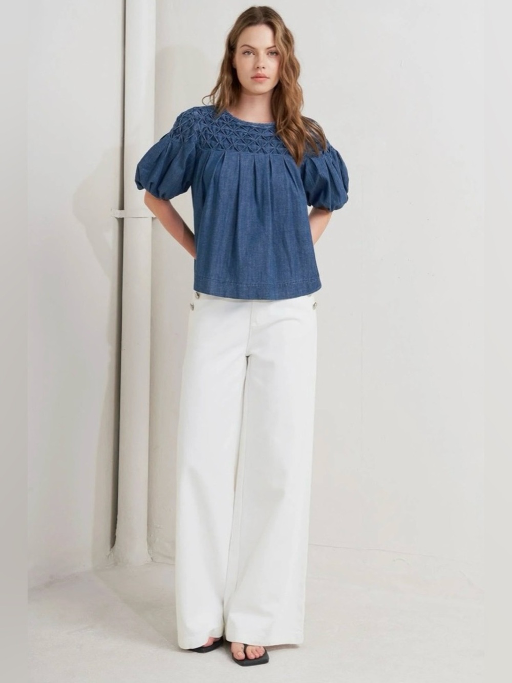 Anthropologie the Liza smocked puff sleeve denim blouse - Picture 3 of 3